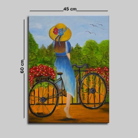 BİSİKLETLİ KIZ YAĞLI BOYA TABLOSU 60 X 45 cm