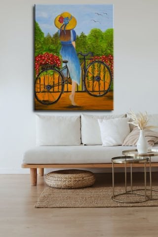 BİSİKLETLİ KIZ YAĞLI BOYA TABLOSU 60 X 45 cm