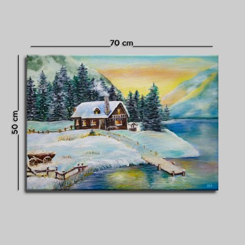 GÖL KENARI EV VE KAR YAĞLI BOYA TABLOSU 50 X 70 cm