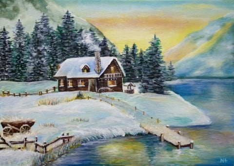 منزل على ضفاف البحيرة ولوحة زيتية للثلج 50 × 70 سم