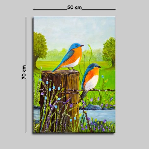 KUŞLAR VE DERE YAĞLI BOYA TABLOSU 70 X 50 cm