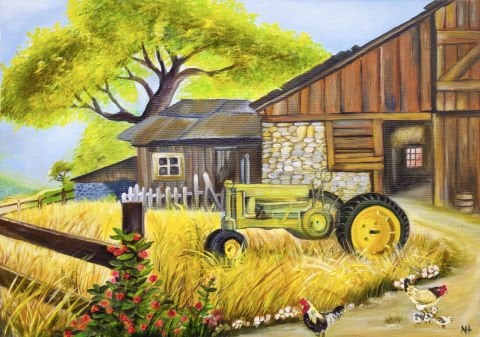لوحة زيتية للجرار والمنزل 50 × 70 سم