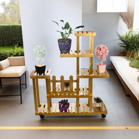Ahşap (Çam) ALTIN VARAK Renk 6 Katlı Bitki Standı, Kilitlenebilir Tekerlekler + Mini Bahçe Set + My Bead SoyaWax Kokulu Vegan Mum 50 cc