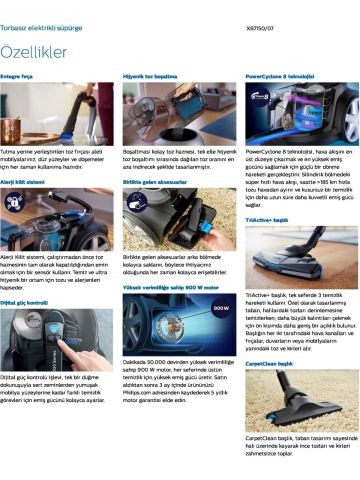 Philips XB7150/07 Marathon Daily Torbasiz Elektrikli Süpürge, 750 W, PowerCyclone 8 CarpetClean Başlık