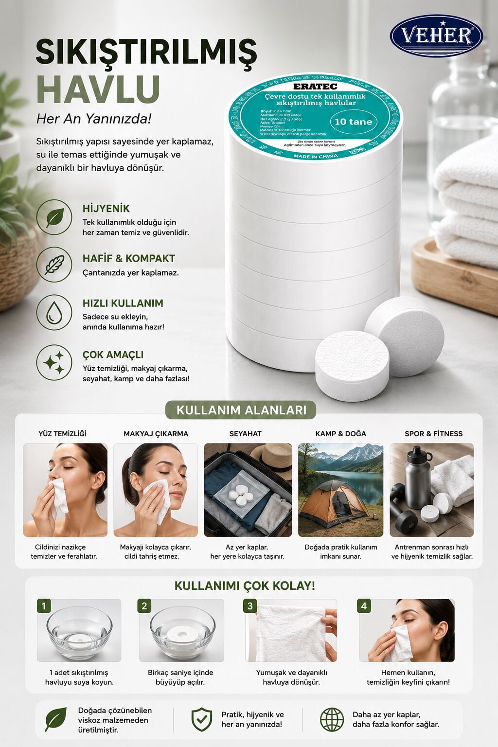 ERATEC Tek Kullanımlık Hijyenik Havlu 22x28 cm 50 gr.10'lu X 600 Adet