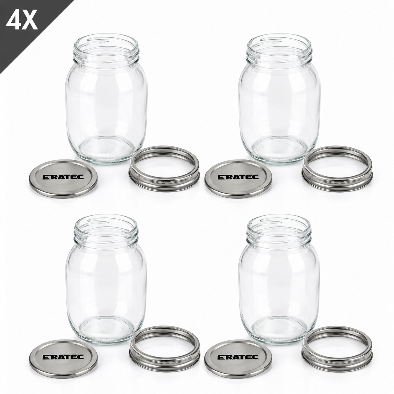 Eratec Cam Kavanoz 2 Parçalı Kapak 500 ml x 4